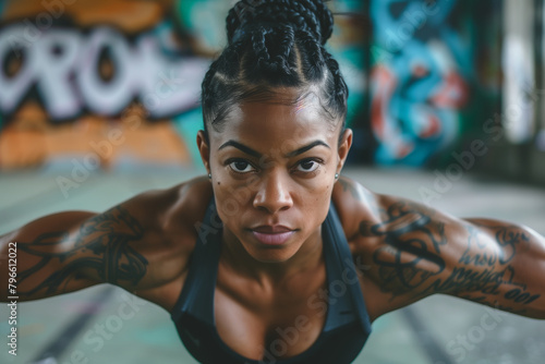 Powerful portrait of a woman with braided hair and tattoos, her direct gaze and strength accentuated by a gritty background