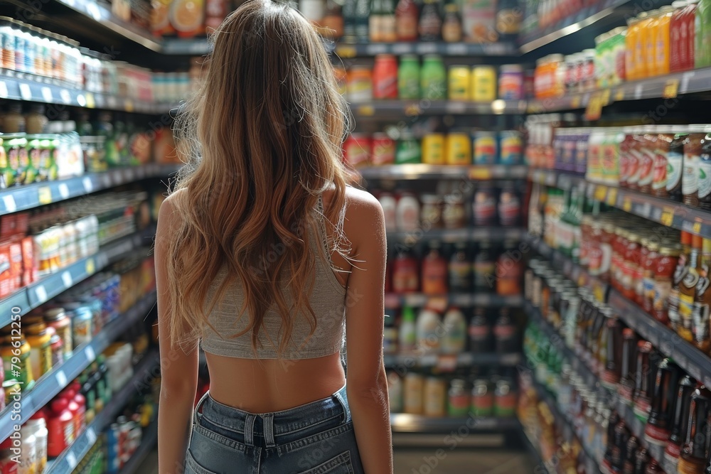 A woman is captured from behind, browsing through a diverse selection of goods in a well-stocked supermarket aisle
