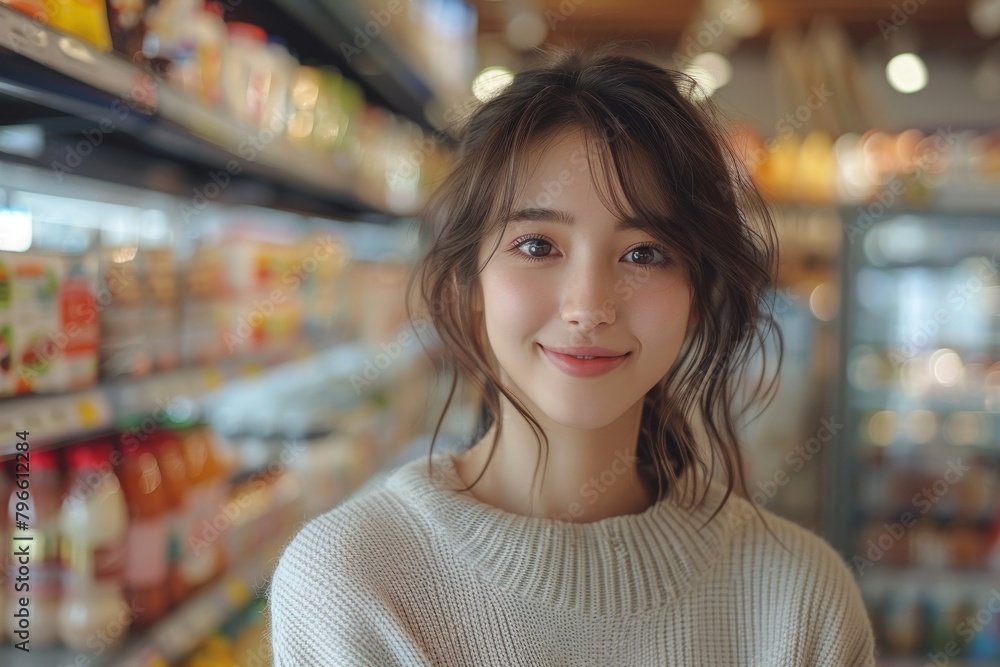 Charming image of a smiling young woman with wavy brown hair in a food store aisle Charming image of a smiling young woman with wavy brown hair in a food store aisle