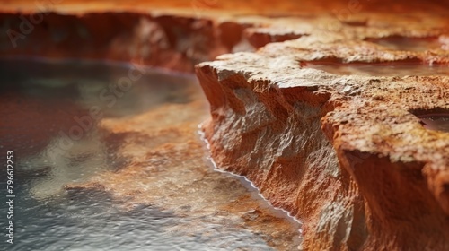 A close up of a geothermal hot spring with orange rocks and blue water.