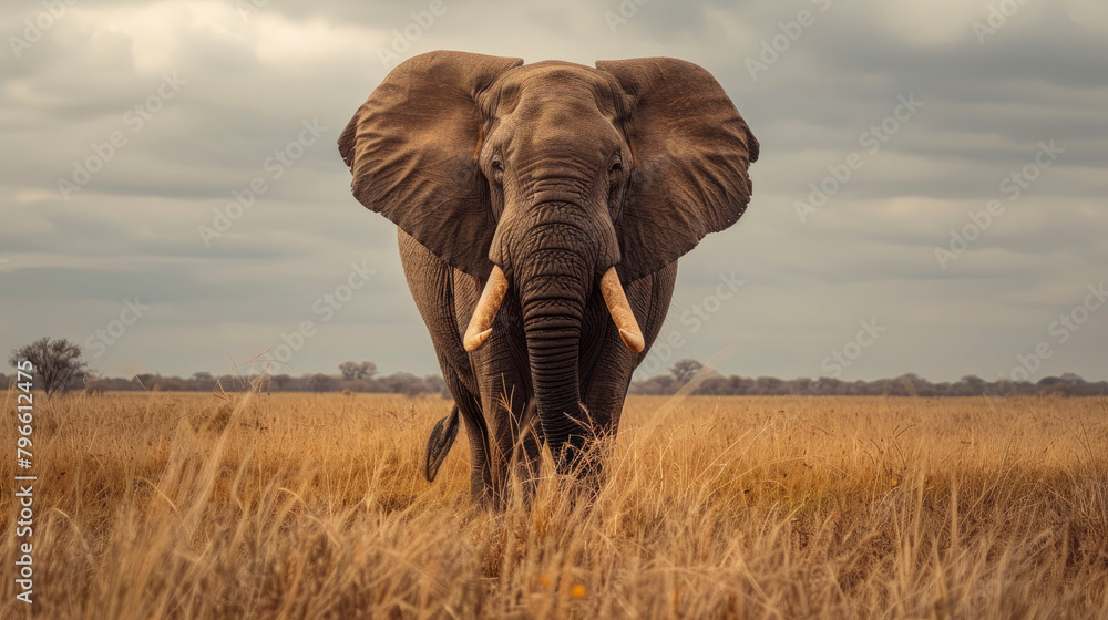 African wild elephant walking on meadow