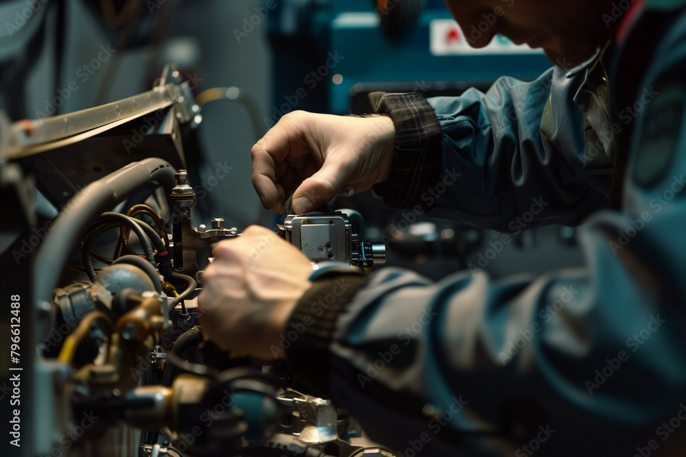 close-up shot a professional mechanic examining a vehicle component with focus and expertise, exemplifying the precision and attention to detail synonymous with automotive repair,