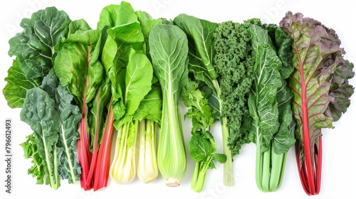 Top view of a colorful mix of leafy green vegetables, including kale and Swiss chard, ideal for health-focused diets, on an isolated white background