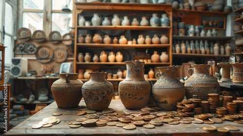 A collection of on a wooden table with piles of gold coins in front of them. The background is a large wooden shelf filled with even more.