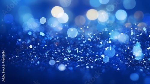 Sapphire glitter bokeh background. Unfocused shimmer royal blue sparkle. Crystal droplets wallpaper.