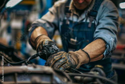 candid photo of the skilled hands of a mechanic as they carefully handle a vehicle component, reflecting the dedication and craftsmanship required in the automotive repair professi
