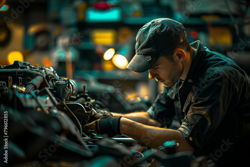 professional photo of a mechanic's expertise as they skillfully manipulate a vehicle part, highlighting the mastery and precision involved in automotive maintenance,