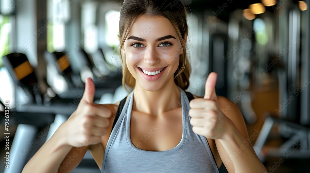 Beautiful fitness woman in gym smiling giving thumbs up healthy lifestyle inspiration motivation