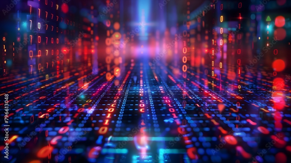 Binary code data encryption glowing background, vibrant digital matrix red blue Binary code data encryption glowing background, vibrant digital matrix red blue