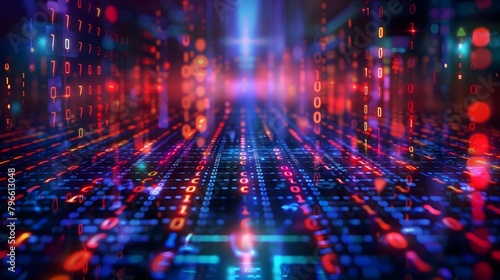 Binary code data encryption glowing background, vibrant digital matrix red blue photo
