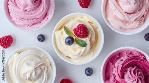 Top shot of healthier ice cream choices, featuring frozen yogurt and sorbet with few artificial ingredients, enjoyed sparingly, on a clean isolated background