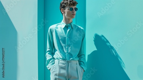 Stylish young man in a turquoise outfit poses against a coordinating background with a striking shadow.