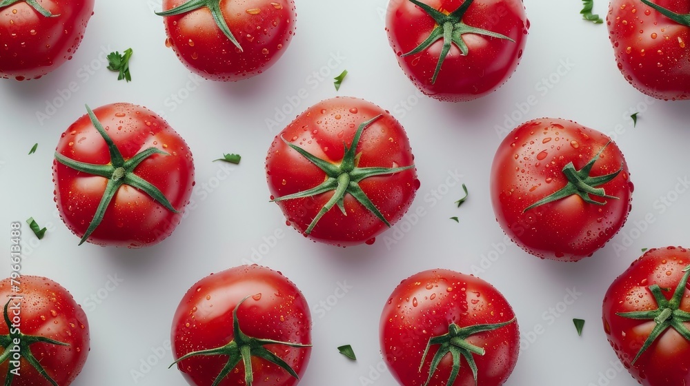 Nutritional advertisement shot from above, featuring tomatoes full of vitamins and minerals, set against a clean, isolated backdrop Nutritional advertisement shot from above, featuring tomatoes full of vitamins and minerals, set against a clean, isolated backdrop