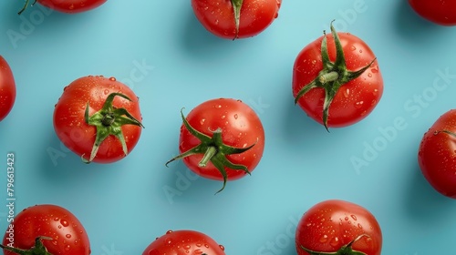 Nutritional advertisement shot from above, featuring tomatoes full of vitamins and minerals, set against a clean, isolated backdrop