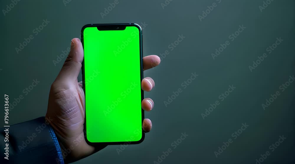 a businessman's hand holding a cell phone with a green cell phone screen, green screen cell phone mockup. the phone screen is in green color suitable for correction and adding effects on the screen.