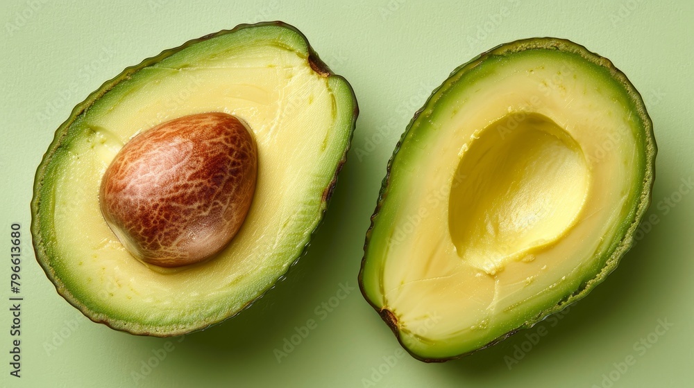 Nutrient-rich avocado halves top view, showcasing healthy fats and vibrant green texture, isolated on a clean background, studio lighting