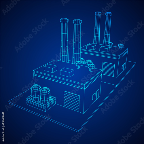 Industrial factory. Plant or Factory Building. Manufacturing building. Wireframe low poly mesh vector illustration.