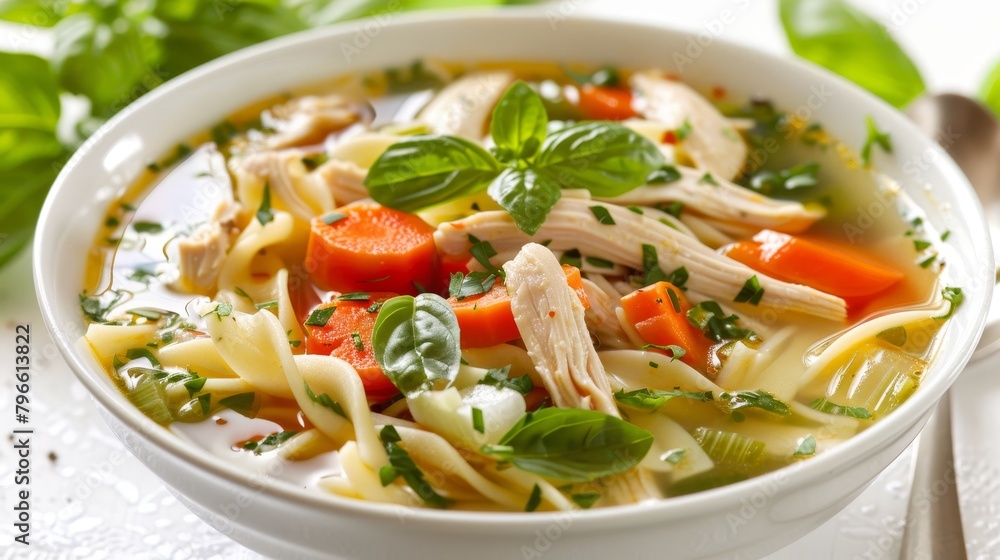 Nourishing bowl of chicken noodle soup with fresh vegetables and whole wheat noodles, made with low-sodium chicken broth, studio lighting, isolated background