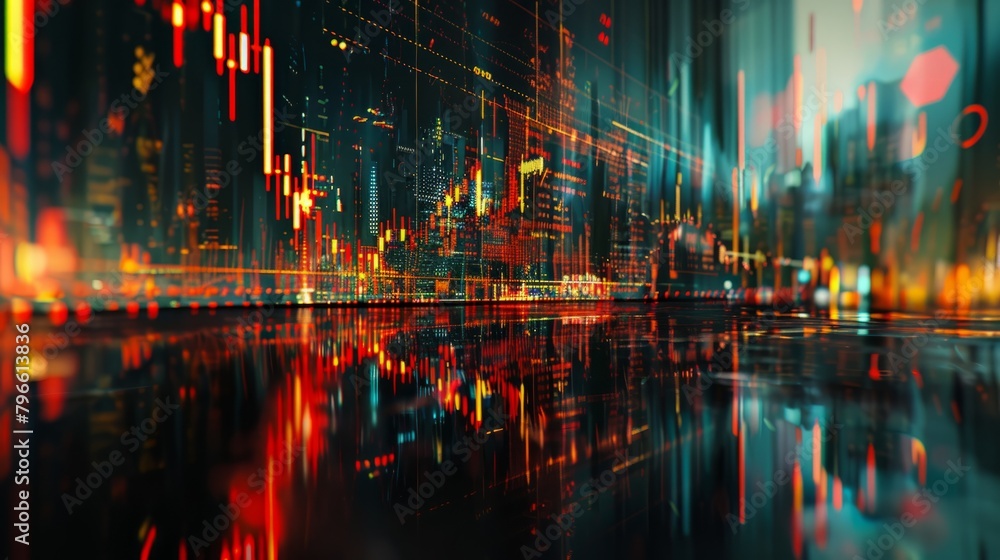 A digital cityscape with a reflection on the ground. A digital cityscape with a reflection on the ground.