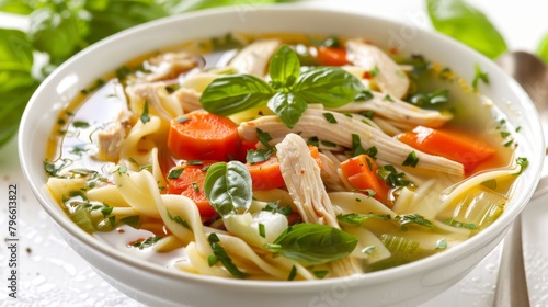 Nourishing bowl of chicken noodle soup with fresh vegetables and whole wheat noodles, made with low-sodium chicken broth, studio lighting, isolated background