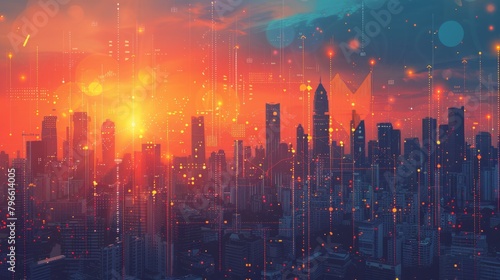 A digital painting of a cityscape at sunset. The sky is a bright orange and the sun is setting behind the buildings. The city is full of skyscrapers and there are lights shining from the windows.