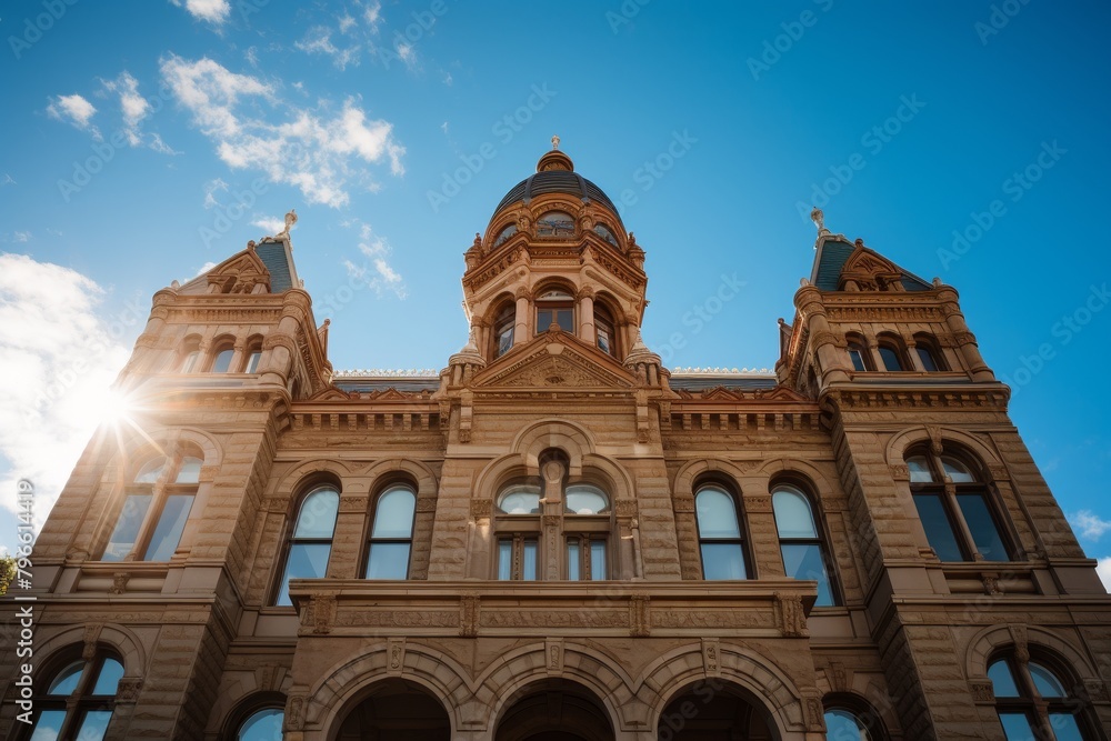 Obraz premium A Majestic Diamond-Patterned Courthouse Standing Tall Against a Clear Blue Sky, Reflecting the Sun's Golden Rays