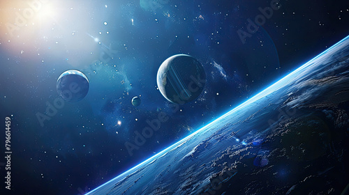 photorealistic planets in space, dark blue background , unique hyper-realistic