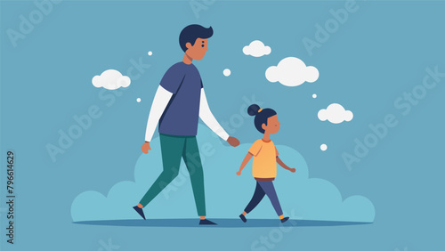 A parent and child walking hand in hand the child bravely confessing their dreams and fears for the future.. Vector illustration photo