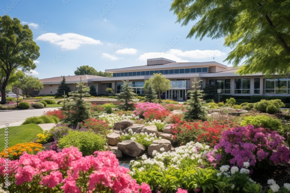 An Outpatient Clinic Surrounded by a Well-Maintained Garden with Blooming Flowers and Lush Green Trees Under a Clear Blue Sky An Outpatient Clinic Surrounded by a Well-Maintained Garden with Blooming Flowers and Lush Green Trees Under a Clear Blue Sky