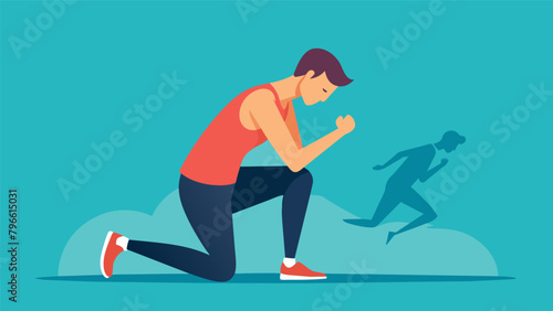 A runner kneels in gratitude overwhelmed with emotion as they think of their loved one who inspired them to run and who they wish could be there at. Vector illustration