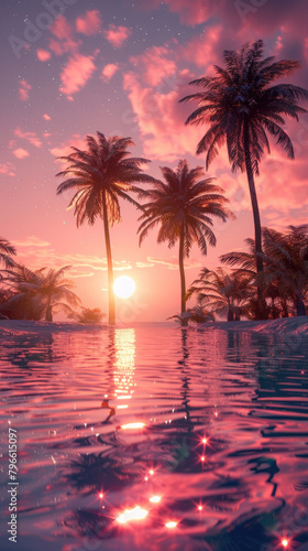 Tropical Sunset Paradise - A serene tropical sunset with palm trees and sparkling ocean waters.