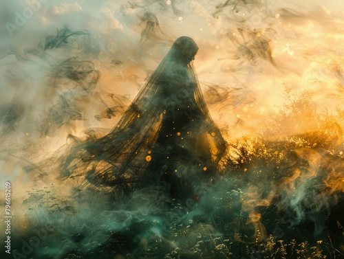 Mystical figure in haunting blaze - A spectral figure shrouded in smoke and fire haunts the landscape, imbued with a sense of mystery and otherworldliness