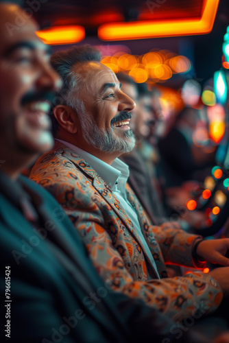 A man in a suit is smiling at a slot machine. Lucky concept © rjankovsky