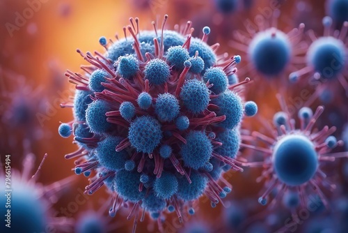 Cells of a dangerous virus under a microscope, 3D. Micro world. Bokeh effect photo