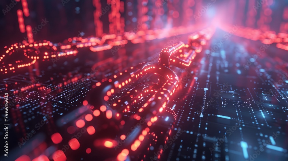 Fototapeta premium A glowing red and blue circuit board with a chain of glowing red spheres floating above it.