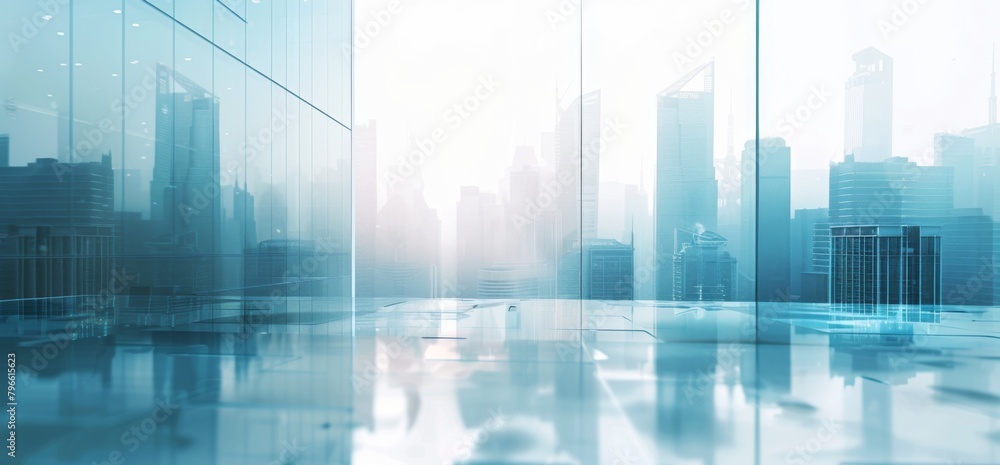 Blue glass buildings in the background, a blurry city skyline Blue glass buildings in the background, a blurry city skyline