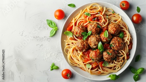 Inviting top view of Spaghetti and Meatballs  crafted with whole wheat pasta  lean meatballs of turkey  and a homemade sauce full of vegetables  isolated background