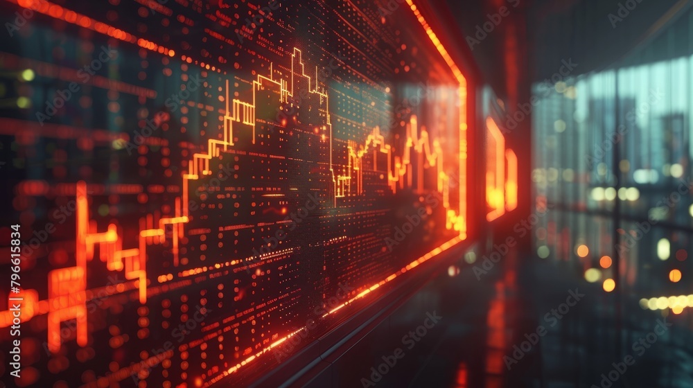 Obraz premium A glowing red stock market graph in a dark room.