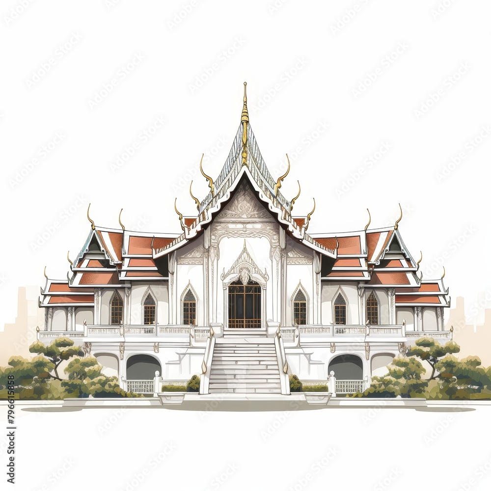 A large white building with a red roof and a white archway A large white building with a red roof and a white archway