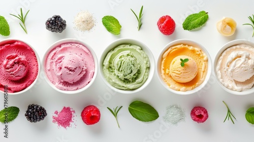 Inviting top view of non-dairy ice cream options like sorbet, emphasizing natural flavorings, less sugar, perfect for a light dessert, isolated background