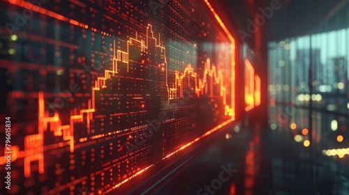 A glowing red stock market graph in a dark room.