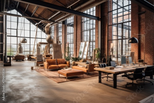 A Modern Copper-Toned Office Space with Industrial Elements Featuring Exposed Brick Walls, Steel Beams, and Large Windows