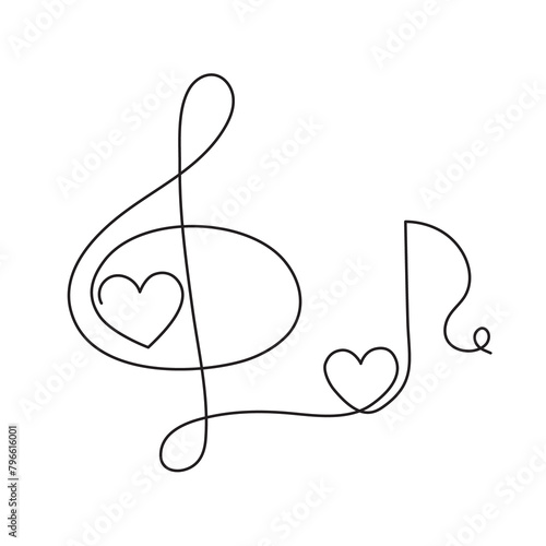 Treble clef and heart one line art animation,hand drawn continuous contour drawing motion outline.Love music composition concept,romantic song video.4k self-drawing movie