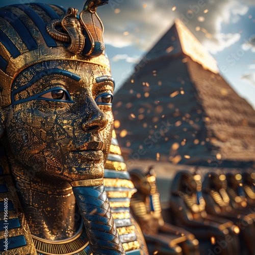 Detailed Egyptian Pharaoh Statue and Pyramids - An intricate Egyptian pharaoh statue with the majestic pyramids in the background photo