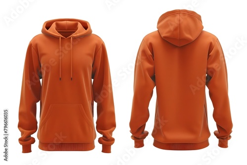 Front and back views of orange hoodie mockup on white background. Concept Hoodie Mockup, Front View, Back View, Orange, White Background