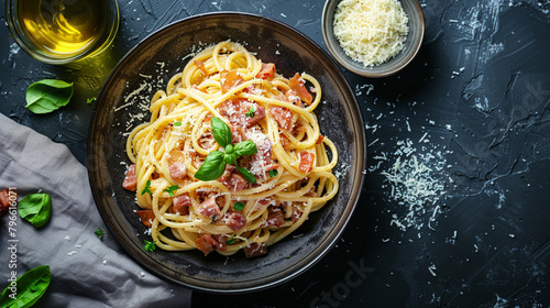 top view of spaghetti with bacon on the balck table, food stylish, italian food photo