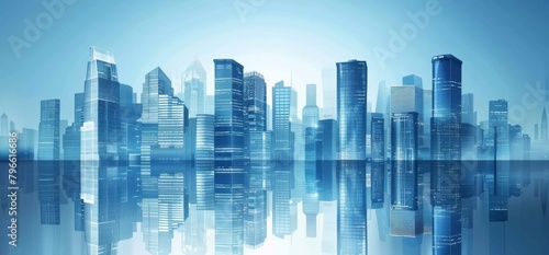 Modern glass buildings background with reflection and city skyline. digital wallpaper for presentation  corporate video or web design