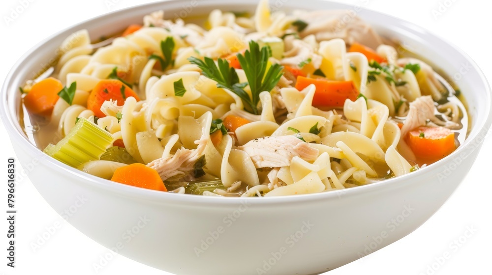 Inviting bowl of chicken noodle soup, emphasizing healthy ingredients like carrots, celery, and whole wheat noodles in a controlled salt broth, isolated background