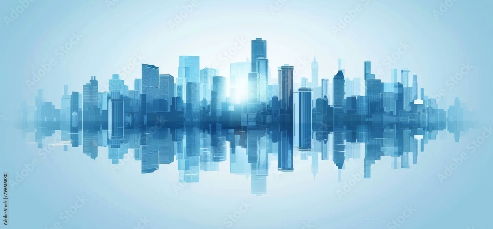 Modern glass buildings background with reflection and city skyline. digital wallpaper for presentation, corporate video or web design