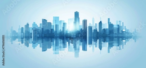Modern glass buildings background with reflection and city skyline. digital wallpaper for presentation  corporate video or web design